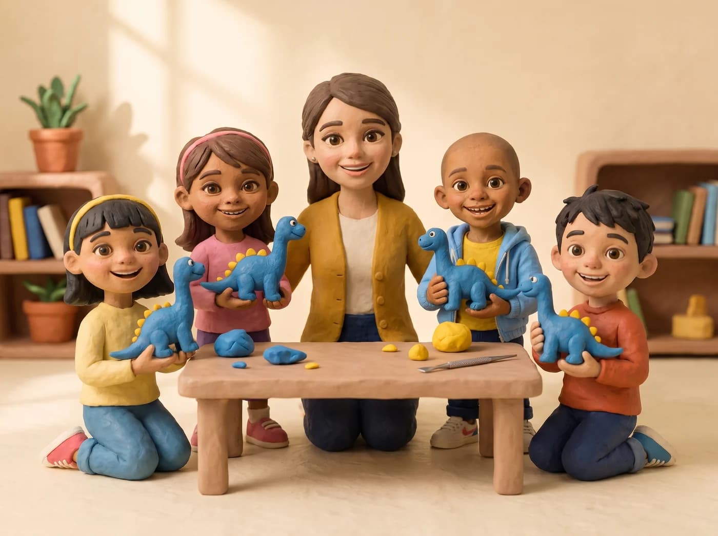 Una profesora y cuatro niños de plastilina alrededor de una mesa baja, cada uno sosteniendo el dinosaurio azul que acaba de modelar