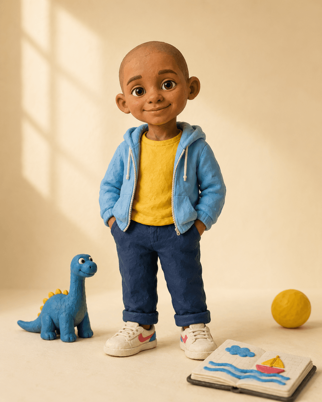 Mateo, personaje de plastilina de la campaña, junto a su dinosaurio