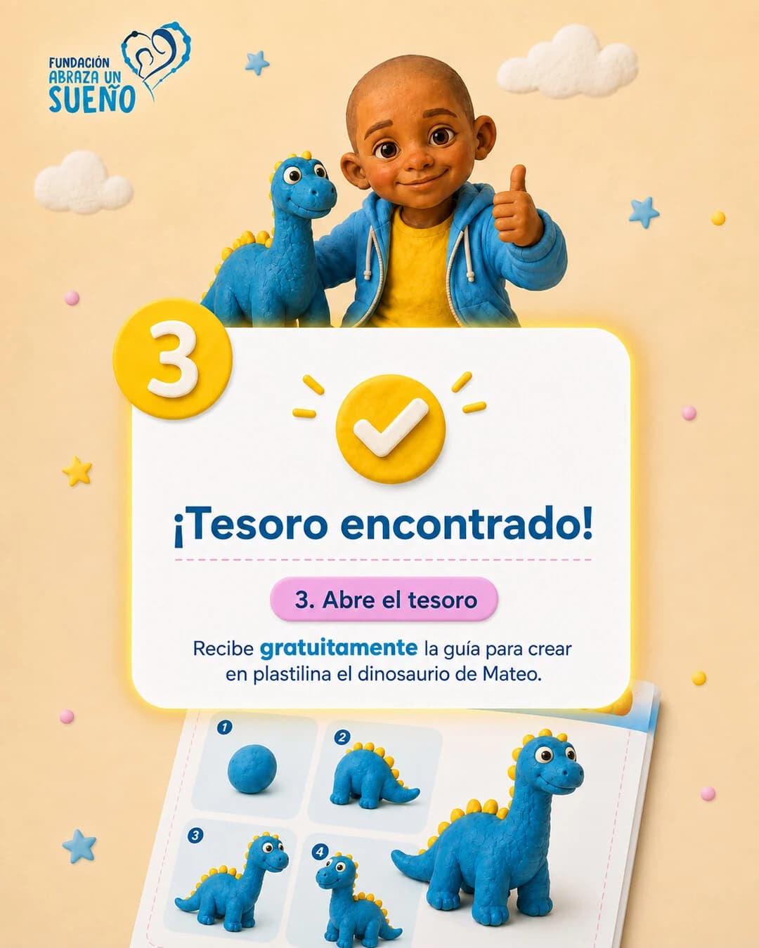 Paso 3: Abre el tesoro. Recibe gratis la guía para crear en plastilina el dinosaurio de Mateo.