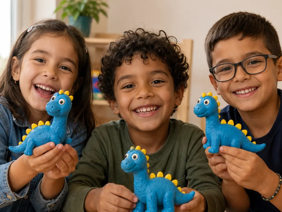Tres niños con dinosaurios de plastilina inspirados en Mateo
